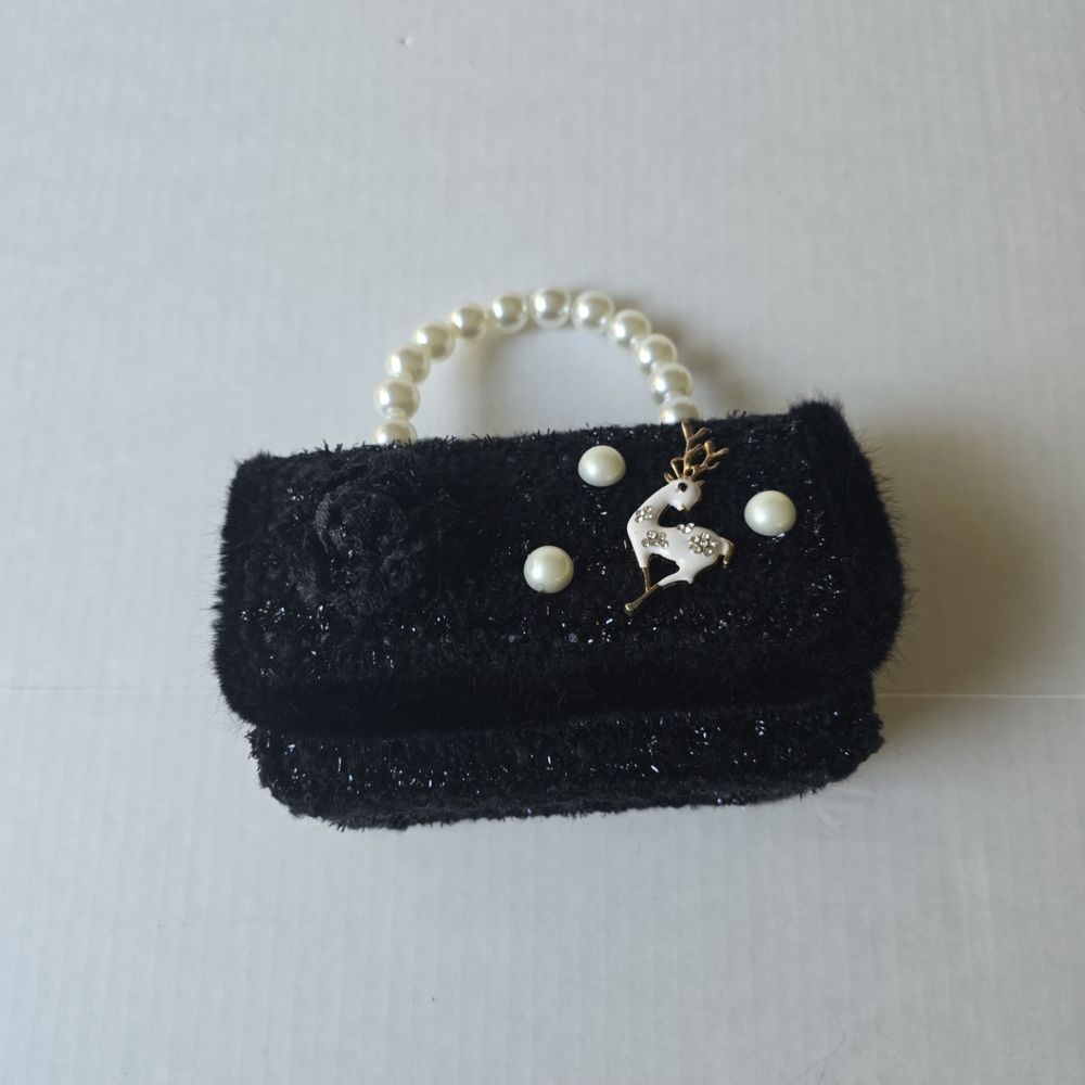 Black Pearl-Handle Mini Handbag with Deer Brooch